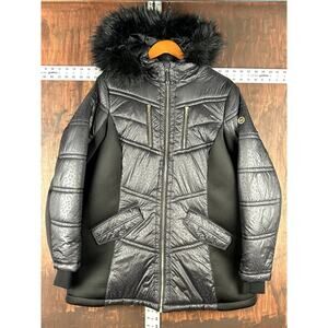 Michael Kors Leopard‎ Print Hooded Faux Fur Puffer Jacket Coat Black Women's 1X